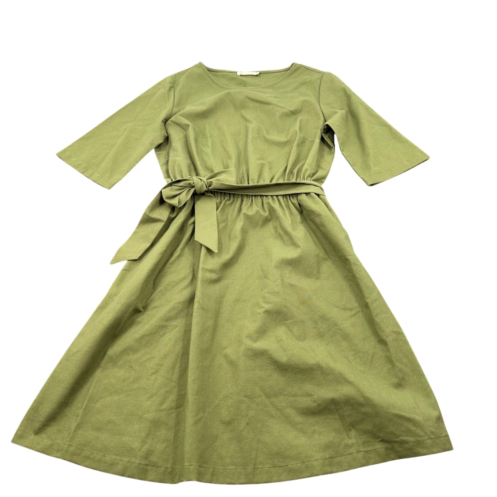 Hannah Canvas Linen Flare Dress Medium Belted Midi Olive Green Modern Casual — image 2 of 8